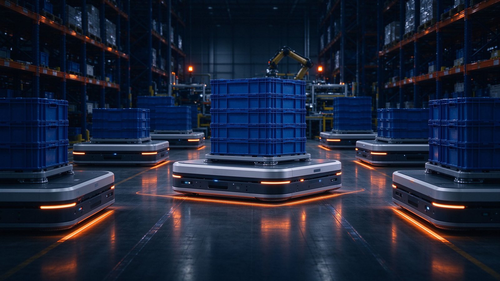AGV mobile robots with DragonChassis platforms operating in a modern automated warehouse