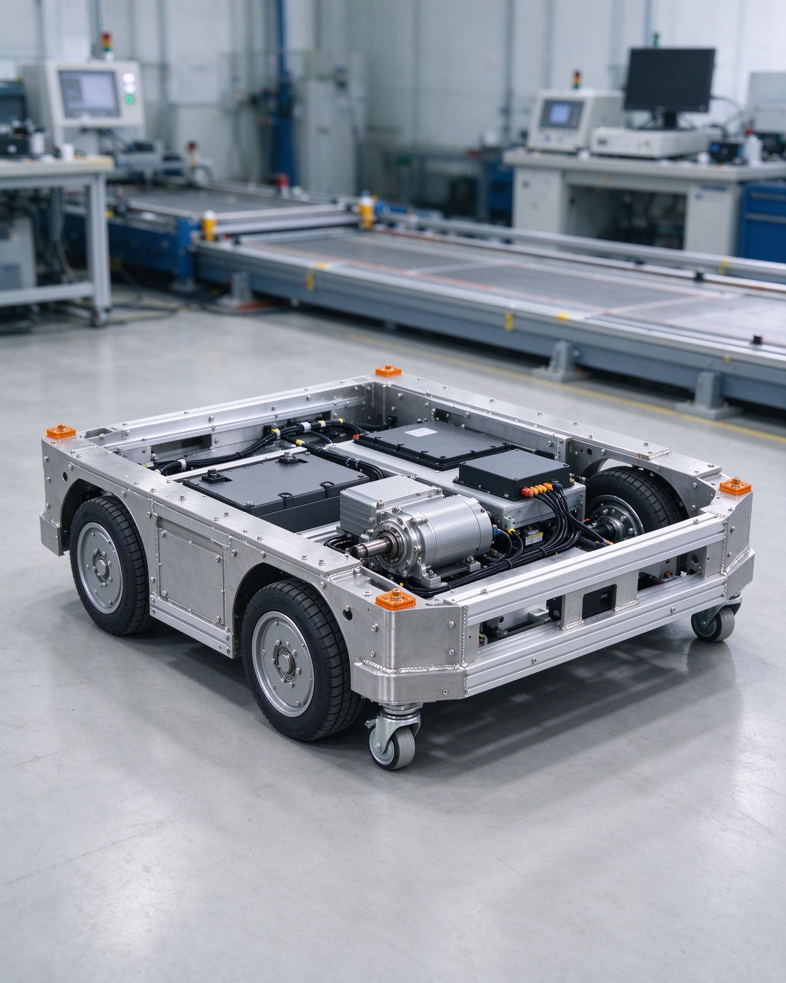 Modular custom AGV chassis frame with exposed drive and electronics